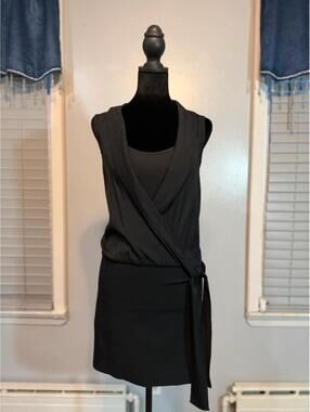 Theory black wrap dress silk minimalist office chic tie waist XS